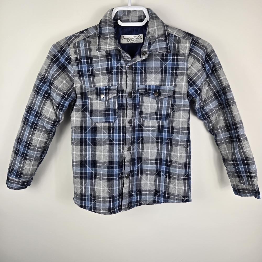 Sovereign Code Kids Blue/Gray Plaid Snap-Up Flannel Lined Light Shirt Jacket 5Y